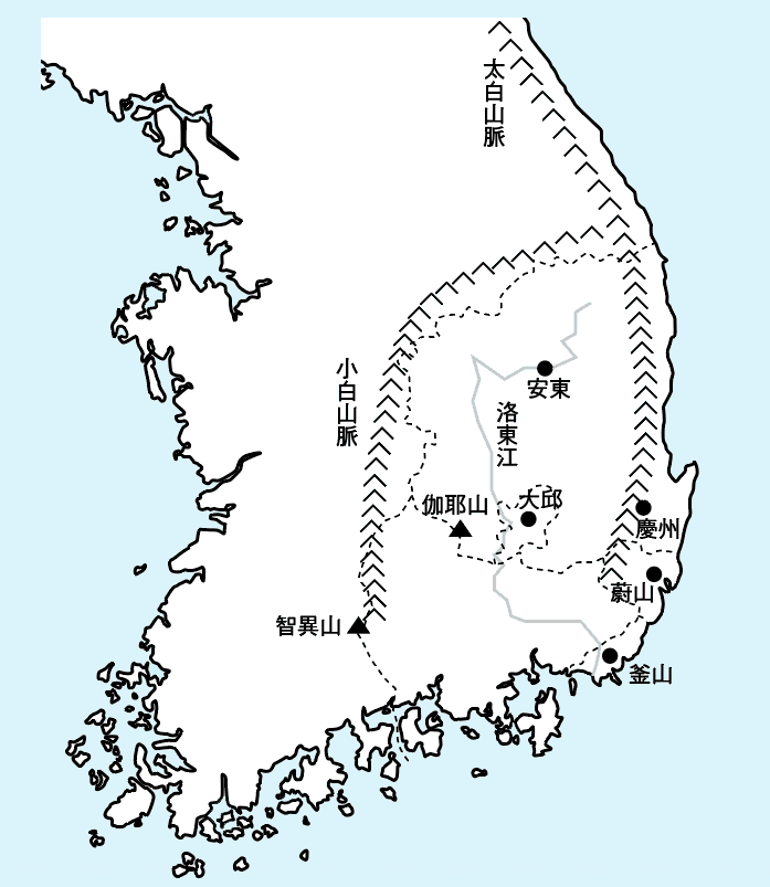 洛東江と小白山脈の地図